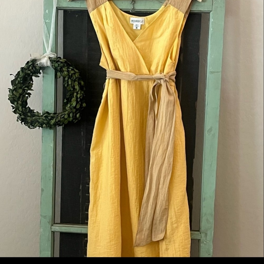 MOTHERHOOD Yellow Midi Lined Belted Sleeveless V Neck Linen Like Dress Size L